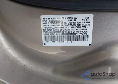 2006 Honda Odyssey Touring z USA, uszkodzony, nr VIN 5FNRL38896B003371